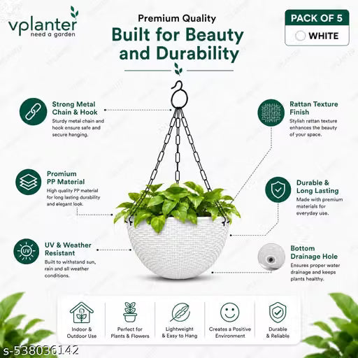 VPLANTER Round Garden Pots – Pack of 5 | Perfect for Flowers, Herbs & Greens