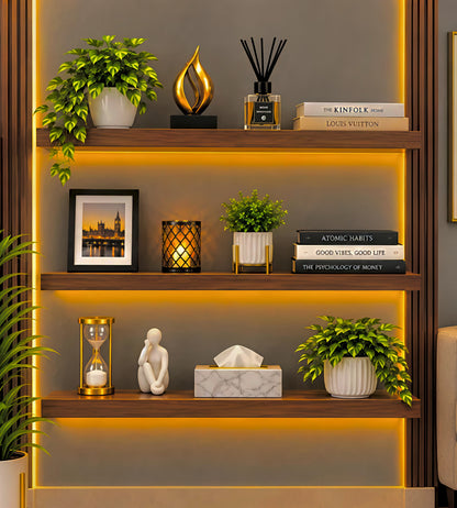 MDF Wall Shelf Set of 3 for Living Room, Modern Floating Wall Mounted Display Shelves for Home Decor, Bedroom, Office and Decorative Storage – Brown Wood Finish