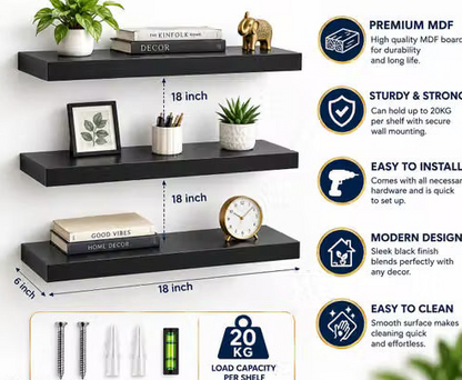 MDF Wall Shelf Set of 3 for Living Room, Modern Floating Wall Mounted Display Shelves for Home Decor, Bedroom, Office and Decorative Storage – Brown Wood Finish