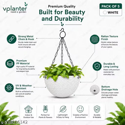 VPLANTER Round Garden Pots – Pack of 5 | Perfect for Flowers, Herbs & Greens